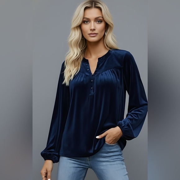 Blue Notched Neckline Lantern Sleeve - Picture 2 of 9